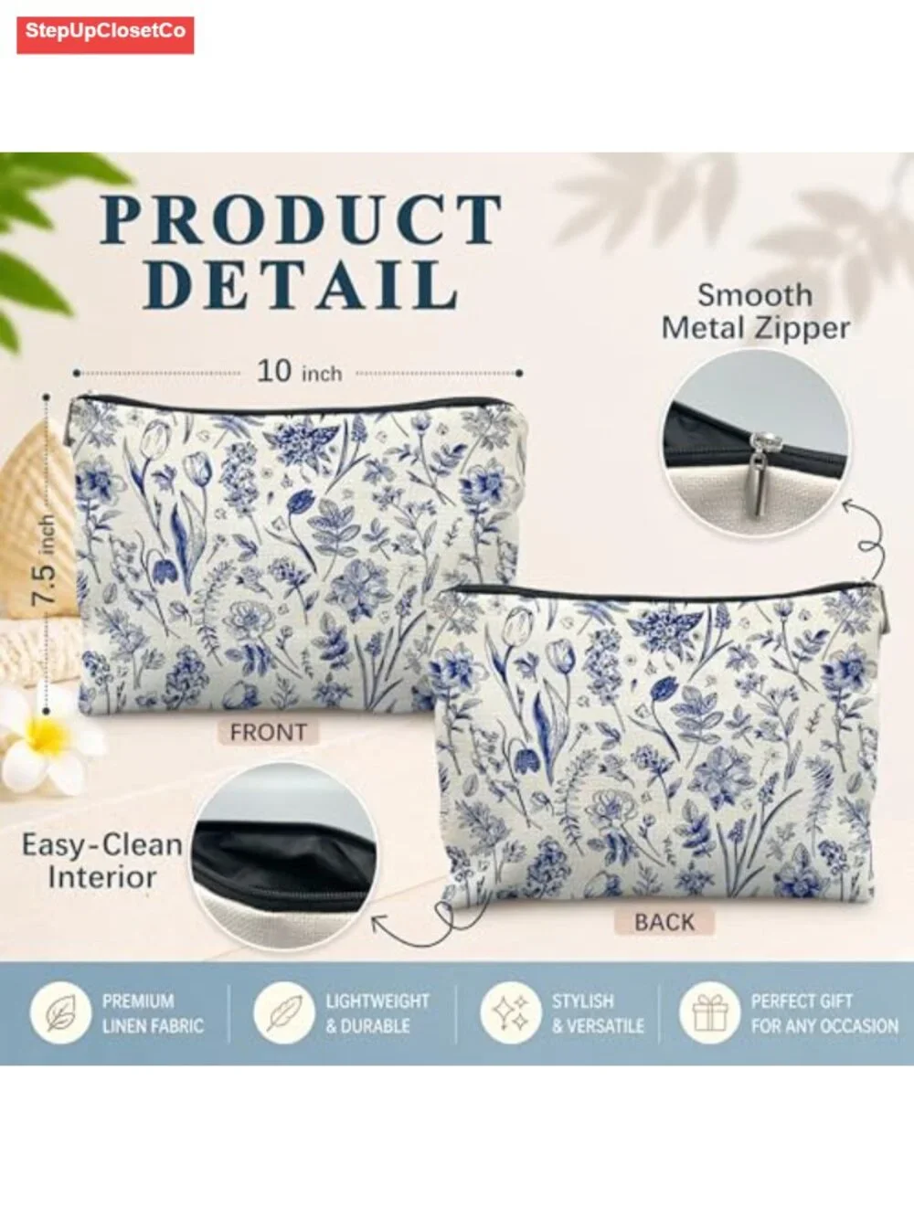 Linen Cosmetic Bag with Zipper - Floral Makeup Organizer for Women